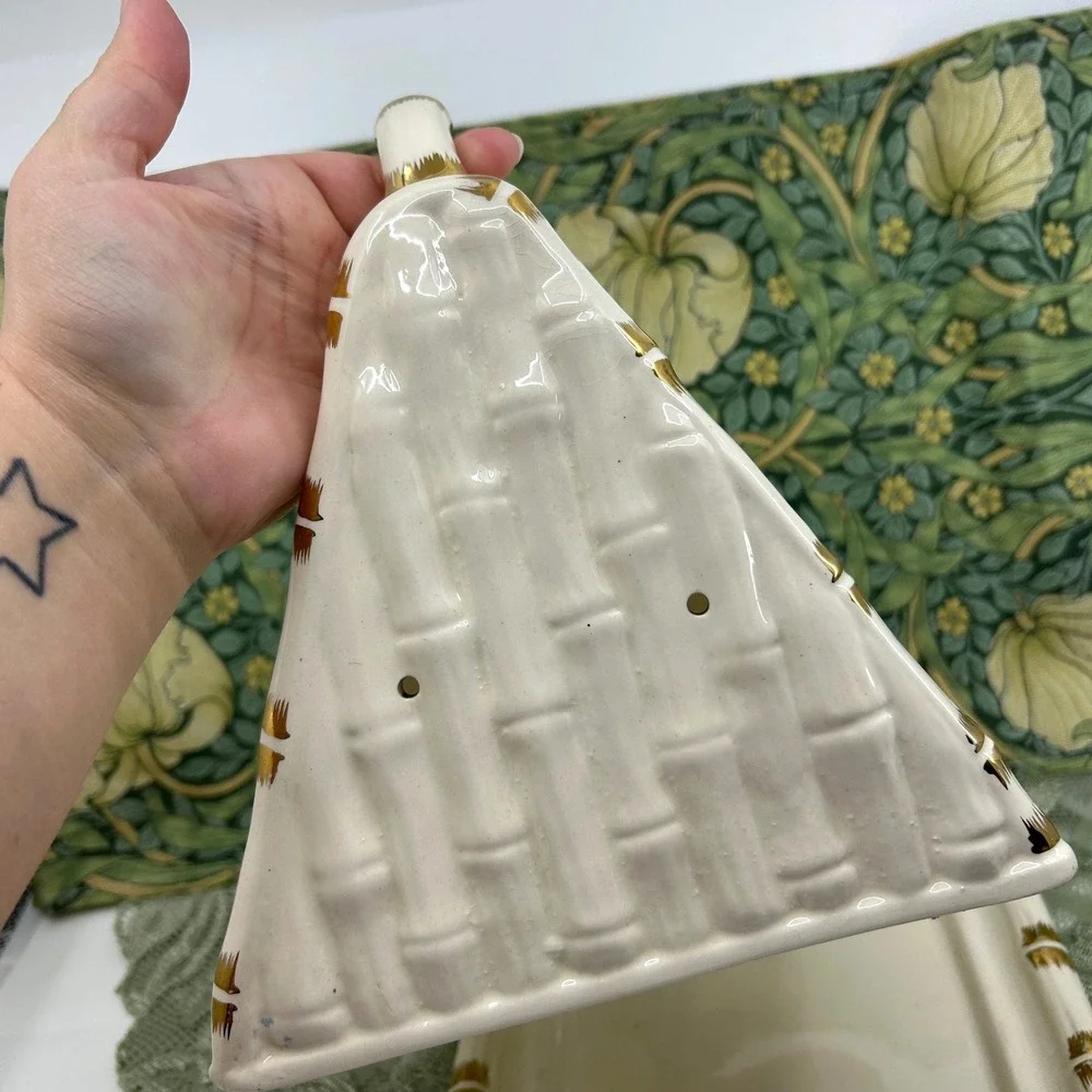 Vintage Cheese Keeper Block Triangle Ceramic Covered Vented Dish Gold White